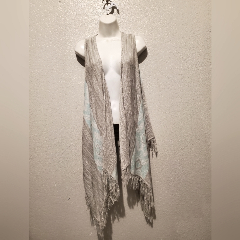 💚5/$25 Charming Charlie Long Duster Open Front Fringe Knit Cardigan Size Medium